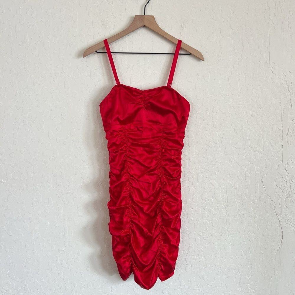Vintage Express Y2K Silk Ruched Strapless Spaghetti Strap Tank Midi Dress 4 Red